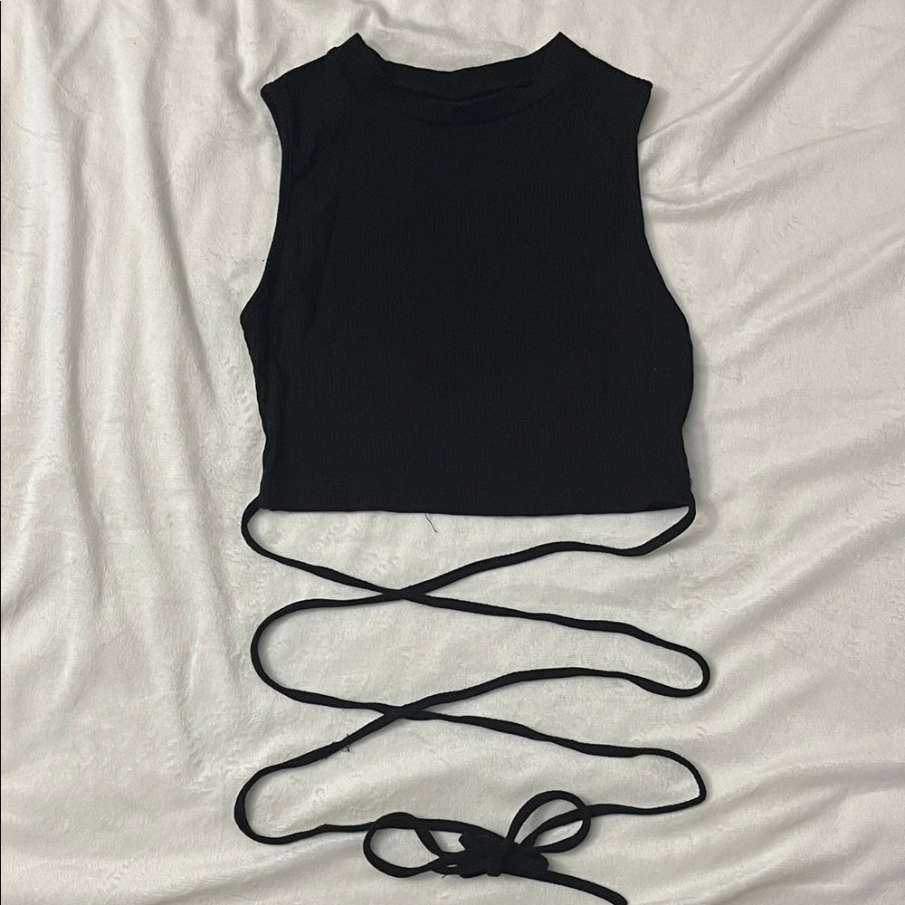 SHEIN Black Ribbed Wrap Crop Top with Long Ties